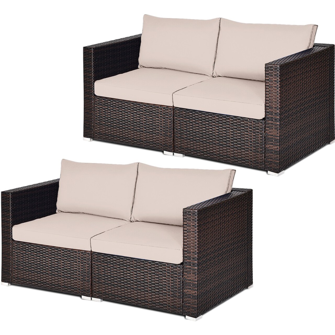 4Pcs Rattan Corner Sofa Set Patio Outdoor Furniture Set W/ Beige Cushions